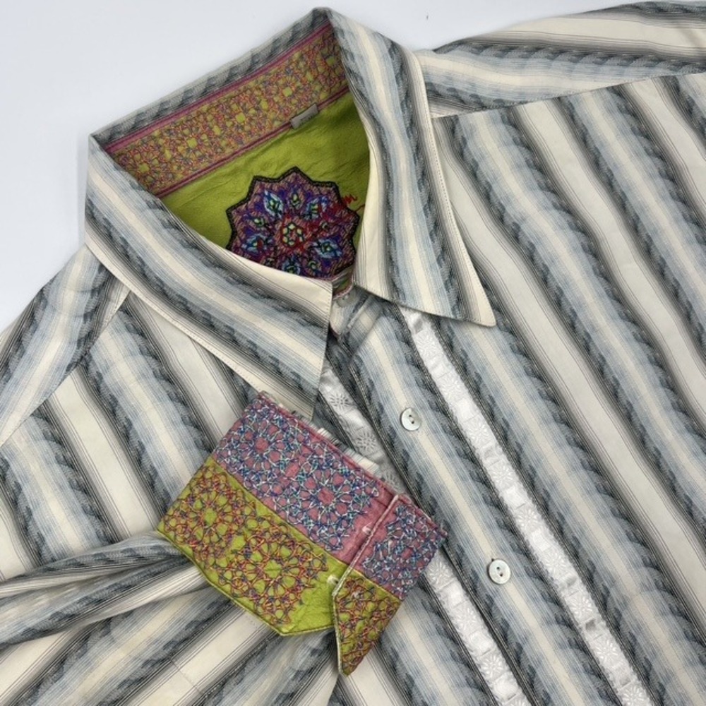 Robert Graham Men's White & Blue Striped Button Down Shirt Silk Trim‎ Size XL
